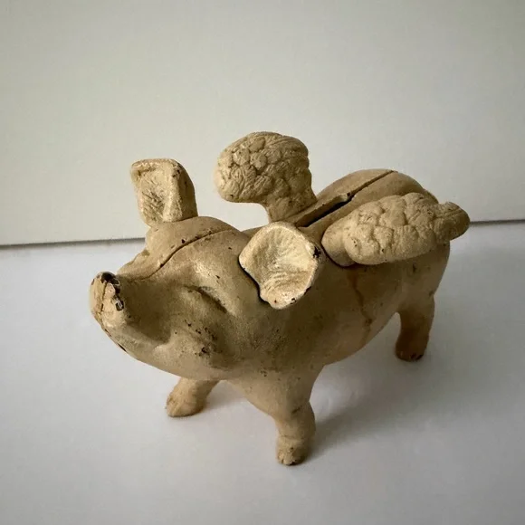 Vintage Piggy Bank Cast Iron Pig Wings Flying Rustic Farmhouse Coin Bank